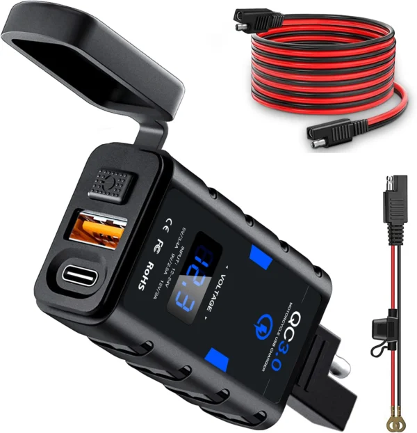 Carregador Usb / Tipo C - Para moto - Carregamento Rápido com Voltímetro  6.4A 12V - Imagem 5