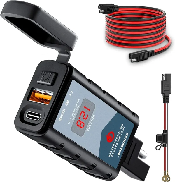 Carregador Usb / Tipo C - Para moto - Carregamento Rápido com Voltímetro  6.4A 12V - Imagem 2