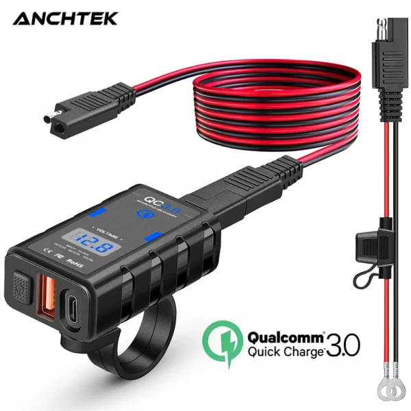 Carregador Usb / Tipo C QC 3.0 - Para moto - Carregamento Rápido com Voltímetro  6.4A 12V